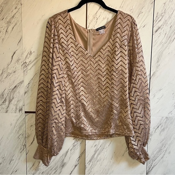 Venus Metallic Gold Chevron Ballon Sleeve Blouse SZ 10 - Picture 1 of 6